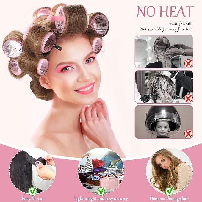 Obeoby 4 Sizes Hair Rollers with Gift Makeup Bag, Rollers Hair Curlers for Long, Short Hair and Bangs, Red Birthday Valentines Day Gifts for Her Women Girls Pink