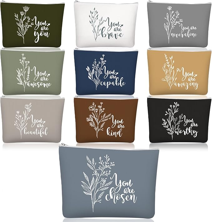 Coume 10 Pcs Valentines Canvas Makeup Bags Bulk, Inspirational Quotes Cosmetic Zipper Encouragement Travel Pouch Toiletry Bag Women Teacher Friend Birthday Gift(Natural Color,Aesthetic)