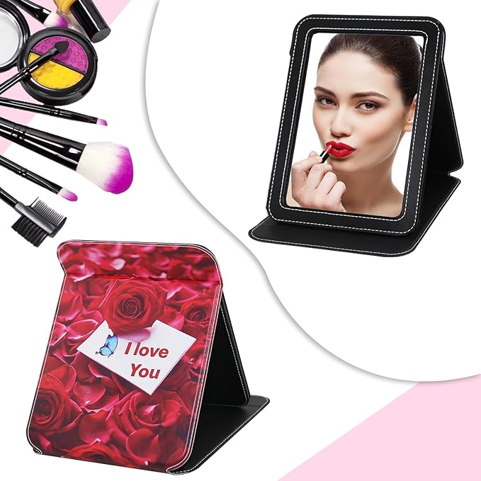 Large Folding Mirror, Travel PU Portable Adjustable Rectangular Ultrathin Vanity Mirror Rounded Corners with Stand, for Travel, Camping,Home 9x7 Inches