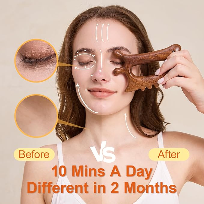 Olaemuo Wooden Gua Sha Tool for Face&Body - 6 in 1 Facial Massager for Lymphatic Drainage - Guasha Body Sculpting Tools Therapy Massage Tool for Cellulite,Jaw Lifting,Muscle Relief - Skin Care Gifts