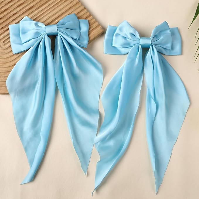 2PCS Big Hair Bow Clips for Women Girls – Light Blue Satin Ribbon Bow Barrettes with Long Tails, Large Pastel Hair Accessories for Ponytail, Spring & Casual Styling