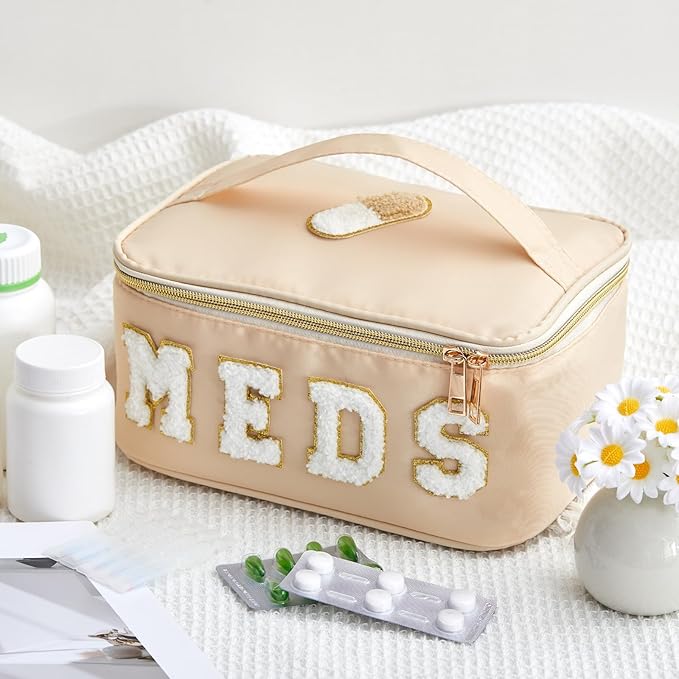 Geetery Clear Makeup Bag Chenille Letter Meds Bag Travel Cases Preppy Patch with Zipper, Portable Cosmetic Toiletry Storage case for Women(Meds,Cream)