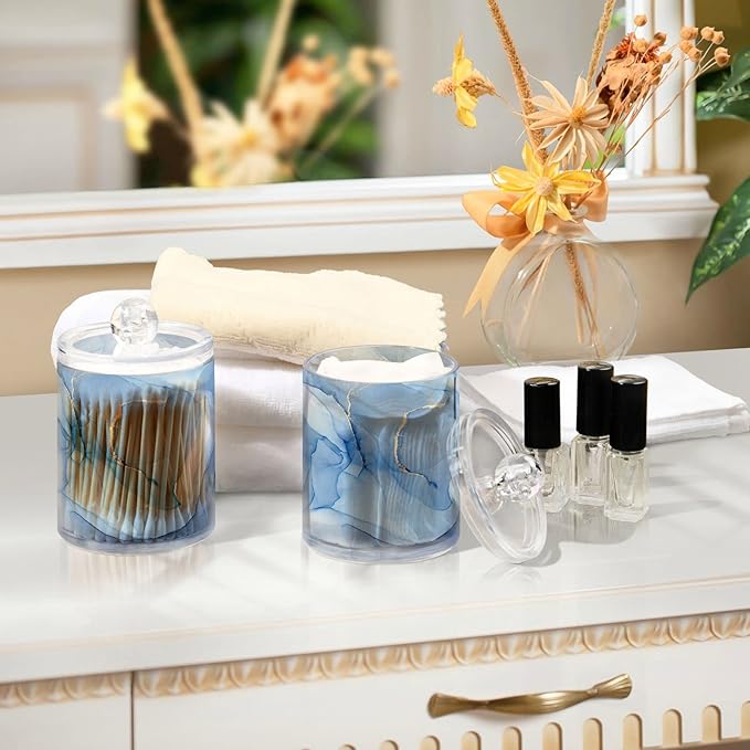 2 Pack Qtip Holder Dispenser Blue Marble Bathroom Storage Canister Lid Acrylic Plastic Apothecary Jar Set Vanity Makeup Organizer for Cotton Swabs/Pads/Floss
