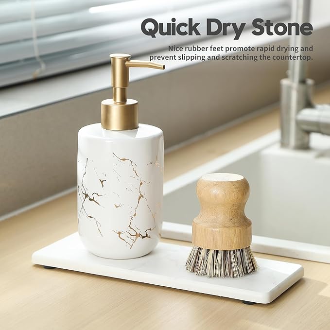 2PCS Diatomite Marble Tray Water Absorbing Mat for Kitchen Counter, Stone Drying Vanity Caddy for Bathroom Sink,Faucet Splash Guard,Soap Dispenser Rack Sponge Holder Organizer, White, 9"x3.5"