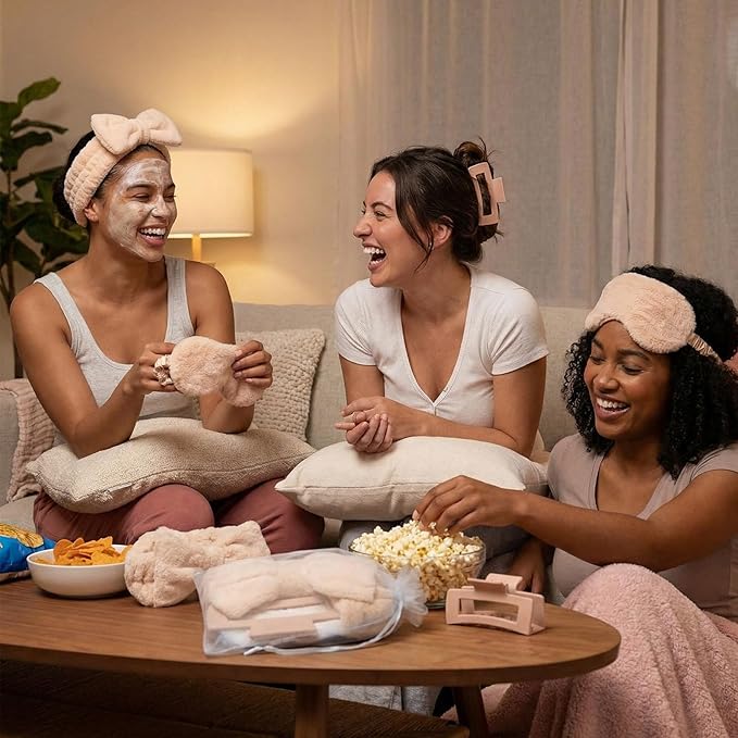 48 Pcs Galentine Spa Party Supplies Sleepover Essentials 12 Spa Headband 12 Plush Eye Mask 12 Claw Clips 12 Organza Bag for Adult Slumber Party Supplies Valentine Gift(Khaki)