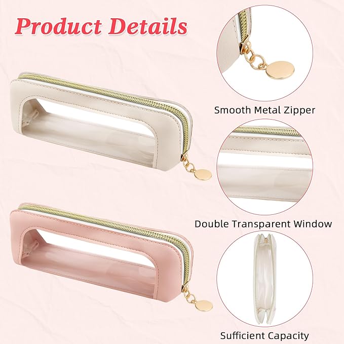 2Pcs Clear Makeup Brush Bag Makeup Bag PU Leather Small Cosmetic Bags Toiletry Bags for Women Portable Waterproof Brush Holder Slim Cosmetic Pouch Travel Pouch with Zipper (Pink&White)