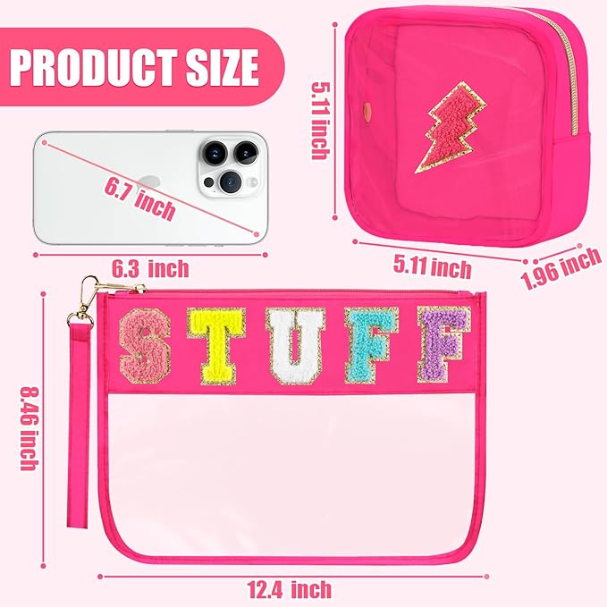 2 Pcs Stuff Bag Cosmetic Makeup Bag with Chenille Letter Patch, Clear Pouch PVC Organizer Purse, Waterproof Travel Bag, Portable Toiletry Storage Bag for Her Girls Friends Women