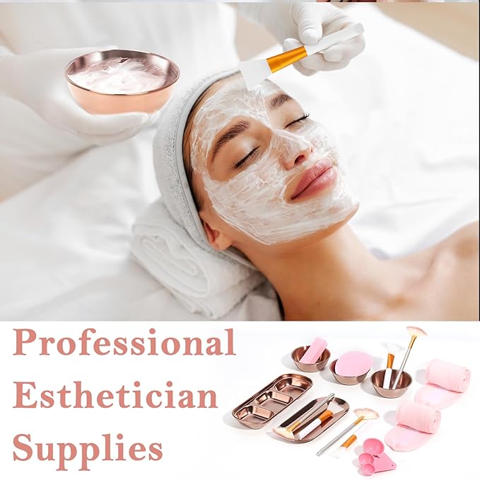 28 Rose Gold Facial Supplies 3 Facial Mask Mixing Bowls 3 Facial Fan Brushes 3 Mask Applicator Brushes 3 Mask Measuring Spoons Skincare Tray 3-Compartment Tray 12 Facial Sponges 2 Spa Headbands