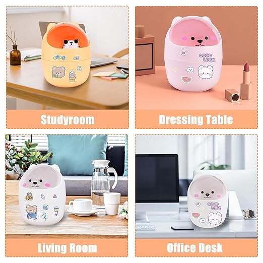 Cute Desktop Tiny Trash Can with Flip Lid, Creative Kawaii Bear Mini Wastebasket, Portable Countertop Dustbin for Office Kitchen Vanity Tabletop Bedroom (Pink)