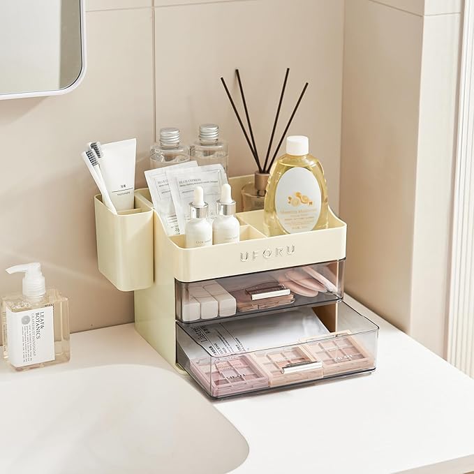 Makeup Organizer for Vanity with Brush Holder, Countertop Skincare Organizer with 2 Drawers, Spacious Cosmetic Display Case for Perfumes, Eyeshadow Palettes, Nail Polishes