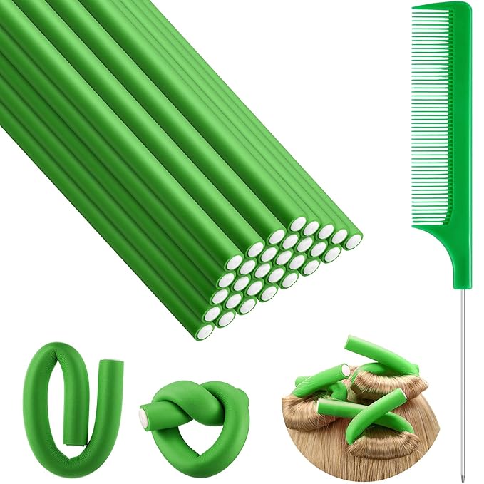 Syhood 30 Pieces Flexible Curling Rods Twist Hair Rollers Soft Foam Rods No Heat and 1 Pcs Steel Rat Tail Comb for Women Long and Short Hair(7 x 0.47 Inch,Green)