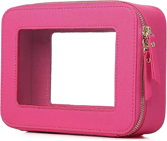 Clear Makeup Bag Women's Waterproof Travel Cosmetic Case and Toiletry Bag Portable Makeup Organizer Bag for Car with Zipper (Fuxia, M)