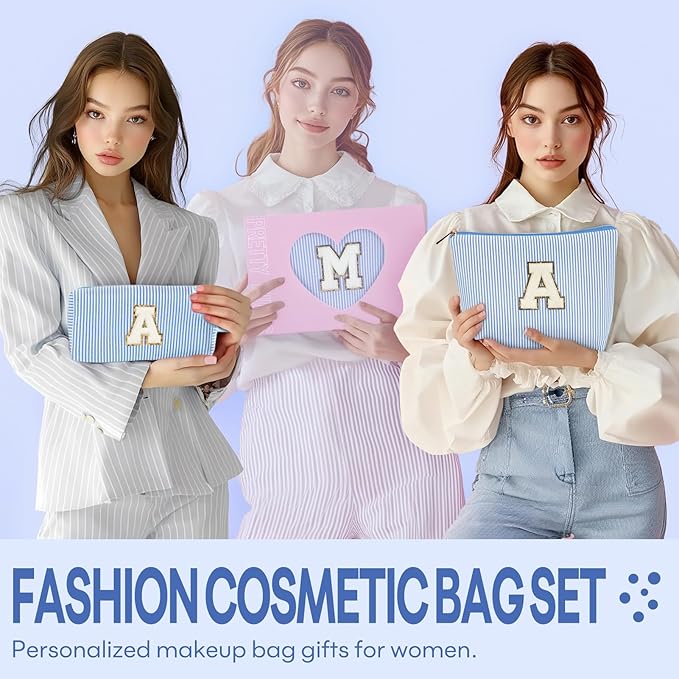 2 PCS Initial Makeup Bags for Women: Cosmetic Bag for Travel Toiletry - Birthday Gifts for 11 12 13 14 15 16 17 18 Years Old Girl Graduation Teacher Gift- Teen Girl Gifts Trendy Stuff - Blue N