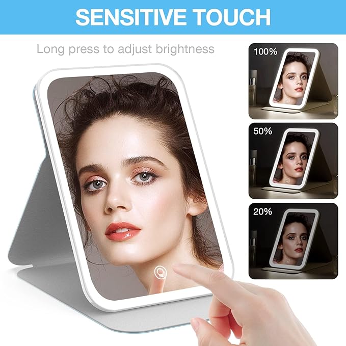 Kintion Travel Makeup Mirror, Portable LED Lighted Makeup Mirror, 360° Rotation Touch Screen Vanity Mirror, 60 LEDs, 3-Color Dimmable Lighting, Rechargeable Tabletop Folding Cosmetic Mirror, Blue