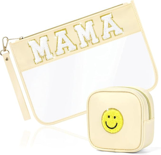 2 Pcs Preppy Patch Clear Mama Bag, Women Chenille Letter Makeup Cosmetic Bag for Travel, PVC Waterproof Organization Outdoor Zipper Pouch Toiletry Bag for Women Girl
