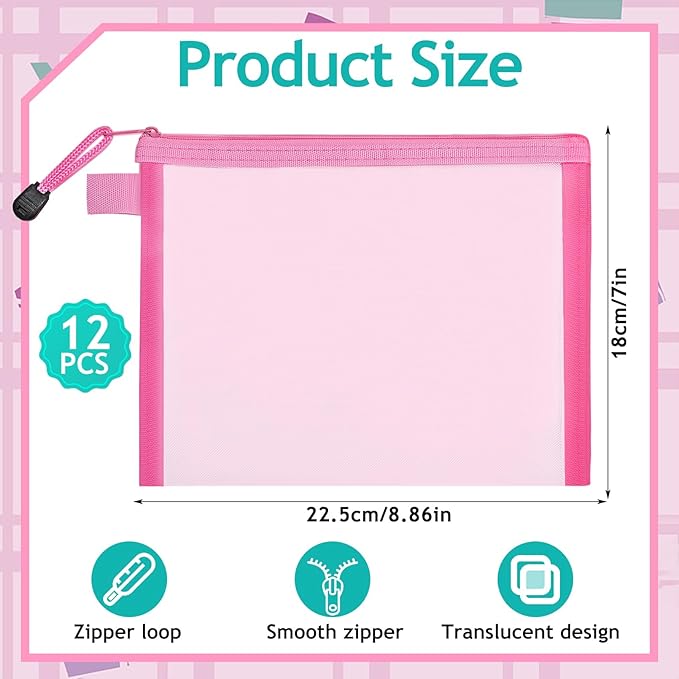 12-Piece Nylon Zipper Pouch Set, Pink Mesh Cosmetic Bags, Zippered Travel & Office Supplies Organizers - A5