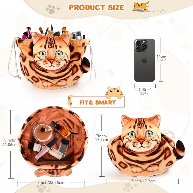Openhaha Drawstring Travel Organizer, Cosmetic Pouch - Cat Gift, Lay Flat Makeup Bag Gifts for Cat Lovers