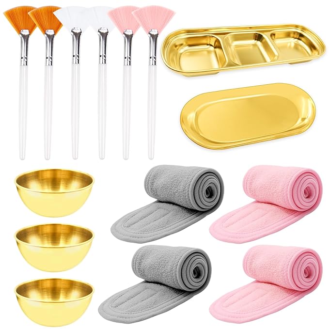 15 Pcs Esthetician Facial Supplies Set Stainless Steel Mixing Bowls Facial Headbands Cosmetic Fan Brushes Gold Small Serving Tray 3 Compartment Serving Tray for Mud Cream Makeup Peel Face Cleansing