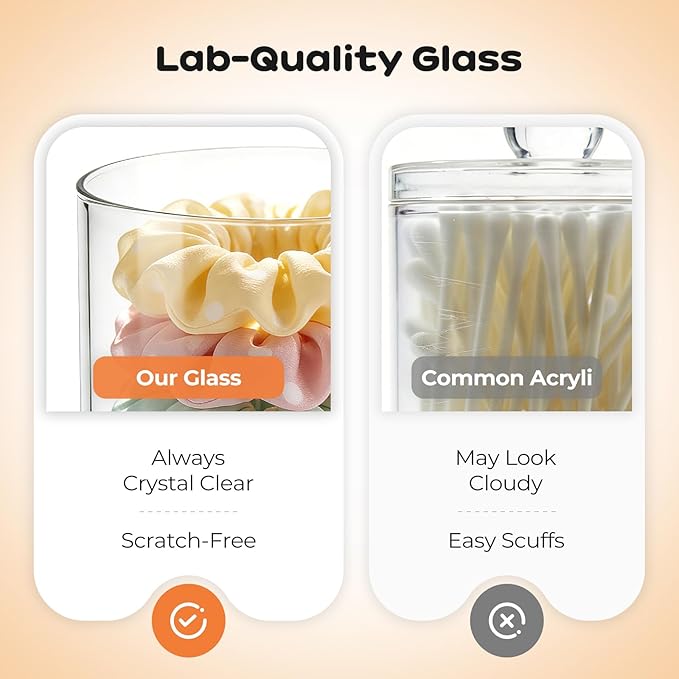 15oz Glass Qtip Holder Dispenser Set - Cotton Swab Holder with Bamboo Lids, Bathroom Canisters Apothecary Jar Vanity Storage Organizer for Cotton Balls Pads, Floss Picks (2 Pack)