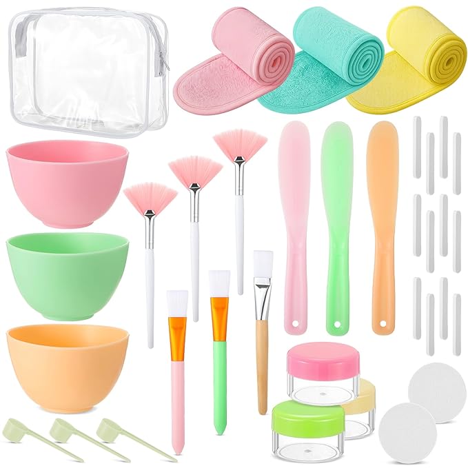 LemonRoad 34 Pcs Esthetician Facial Supplies Include Facial Bowls Brushes Jars Measuring Spoons Hairbands Esthetician Essentials Valentines Gift Set For Women(Multicolor)