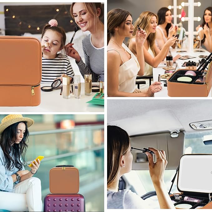 Makeup Case, Lighted Mirror, Travel, Waterproof, Brown