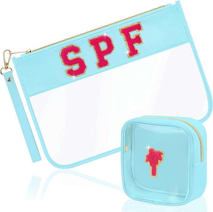 Preppy Patch SPF Clear Cosmetic Bag Chenille Letter Makeup Pouch Transparent Nylon & PVC Travel Zipper Pouch Organizer Sunscreen Toiletry Bag Waterproof Summer Beach Gifts for Women Girls