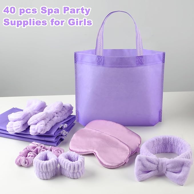 48 Pcs Sleepover Supplies for Girls Skincare Headband and Wristband Set Eye Mask Hair Scrunchie Tote Bag Spa Party Supplies Sleeping Stuff Accessories for Slumber Spa Party Favors Gift