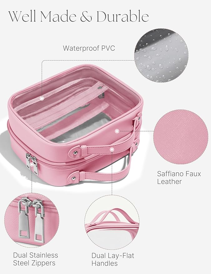 Oaque Clear Cosmetic Bag Double Layer Travel Toiletry Bag Clear Makeup Bag Case with 4 Compartments, Transparent Travel Bag for Toiletries, Large Toiletry Bag for Women Cosmetic Case (Pink, Large)