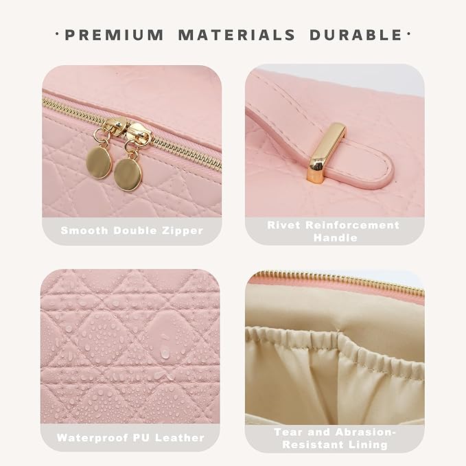 JINYIBAGS Travel Makeup Bag – Large Cosmetic Organizer with Waterproof PU Leather, Smooth Double Zipper & Tear-Resistant Lining, Toiletry Pouch for Women (Pink)