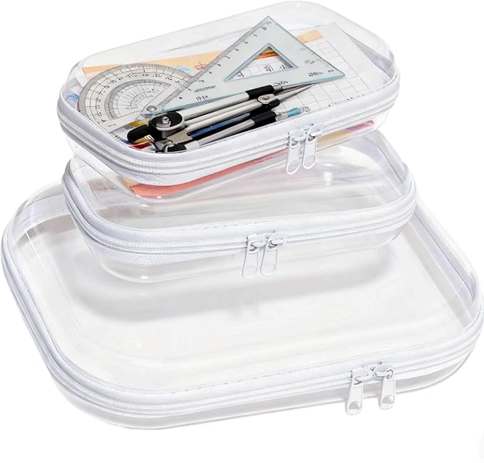 3PCS Clear Hard Plastic Zipper Case, Double Zippers Hard Pouch, Portable Travel Organizer Bin Clear Makeup Bag for Toy Storage, Snack Bag, Cosmetics, Pencil Case, Diaper Bag, Toiletry Bag (1M+2S)