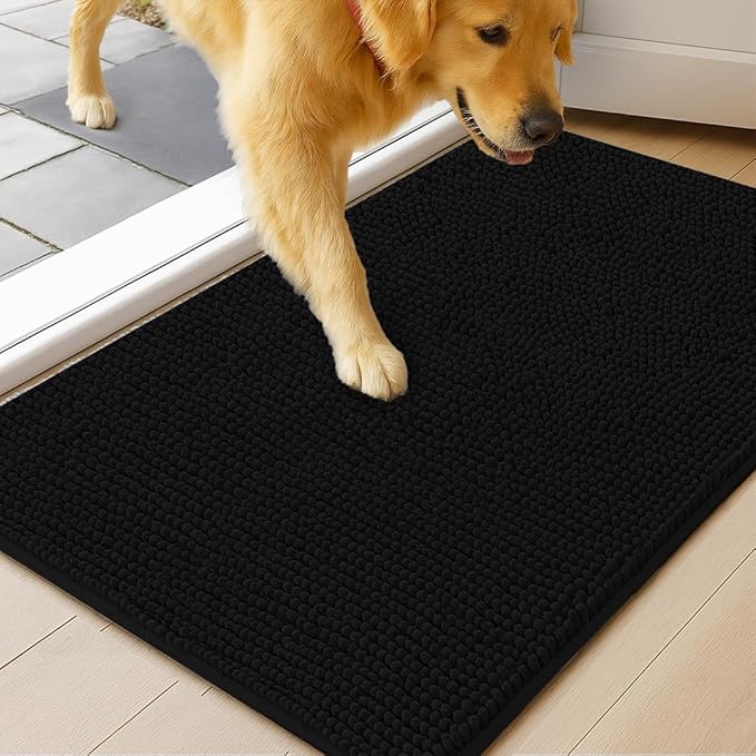 MudGuard Mat™ Dog Door Mat for Muddy Paws, Super Absorbent Microfiber, Non-Slip Indoor Mat, Quick Dry Chenille Mud Mat for Dogs & Entryway, Washable, Black 36" x 60"
