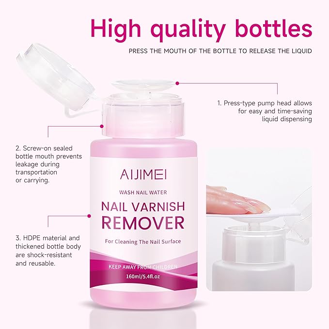 AIJIMEI Nail Polish Remover For Regular Nail Polish Pump Bottle Design 160ml & Nail Cleanser Cleaning The Surface Of Nails Varnish Of Oil FLot Glue On Surface Applicable For Nail Daily Clean