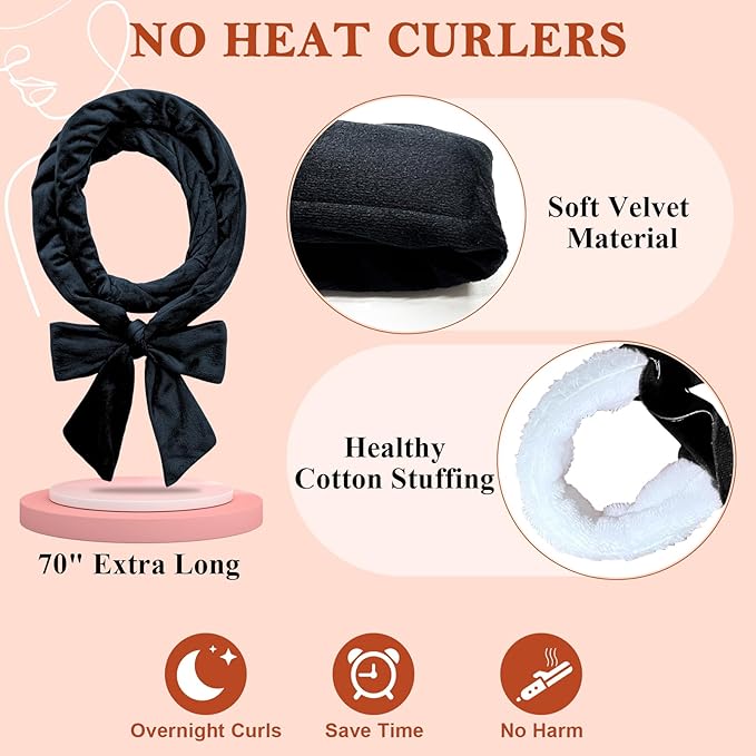 weiwei Heatless Overnight Curling Headband, 70" Non-Heat Hair Wave Wrap with 9 Soft Rollers for Long Hair (Black)