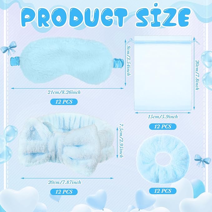 Mimorou 48 Pieces Galentine Spa Party Supplies 12 Spa Headband 12 Plush Sleep Eye Mask 12 Velvet Scrunchies 12 Organza Bags for Sleepover Slumber Party Favors Valentine Gift(Blue)