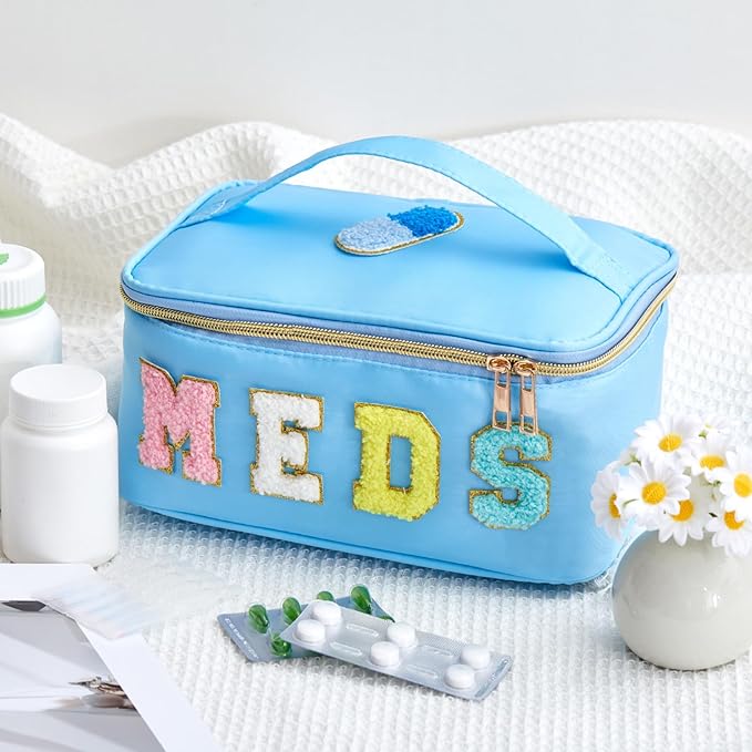 Geetery Clear Makeup Bag Chenille Letter Meds Bag Travel Cases Preppy Patch with Zipper, Portable Cosmetic Toiletry Storage case for Women(Meds,Blue)