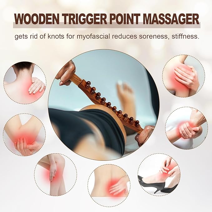 Wood Therapy Guasha Wood Stick Massage Tools, Lymphatic Drainage Massage Stick, Stomach Cellulite Massager, Myofascial Release Tool, Ease Pain Self Body Sculpting, Mountable Handle Double Row 20 Beads