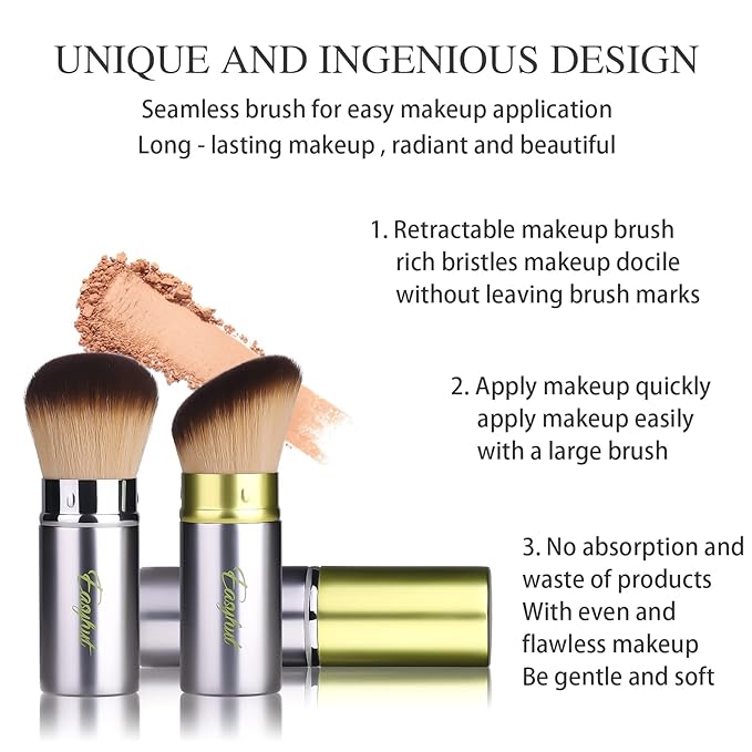 Easyhut Retractable Kabuki Makeup Brushes 2 Pcs Blush Brushes Set Portable Powder Brushes with Flat and Angled Top for Liquid Cream Cosmetics Travel, large/1.18inch(Silver Green)
