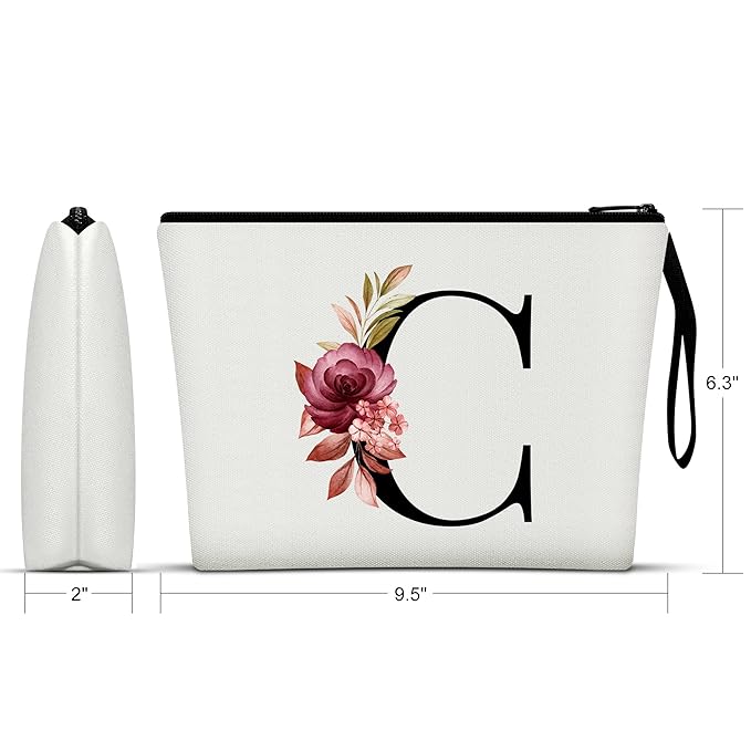 Vavabox A-Z Personalized Makeup Bag, Birthday Gifts for Women Mom, Gifts for Best Friend, Bride Bridesmaid Cosmetic bag (C, White)