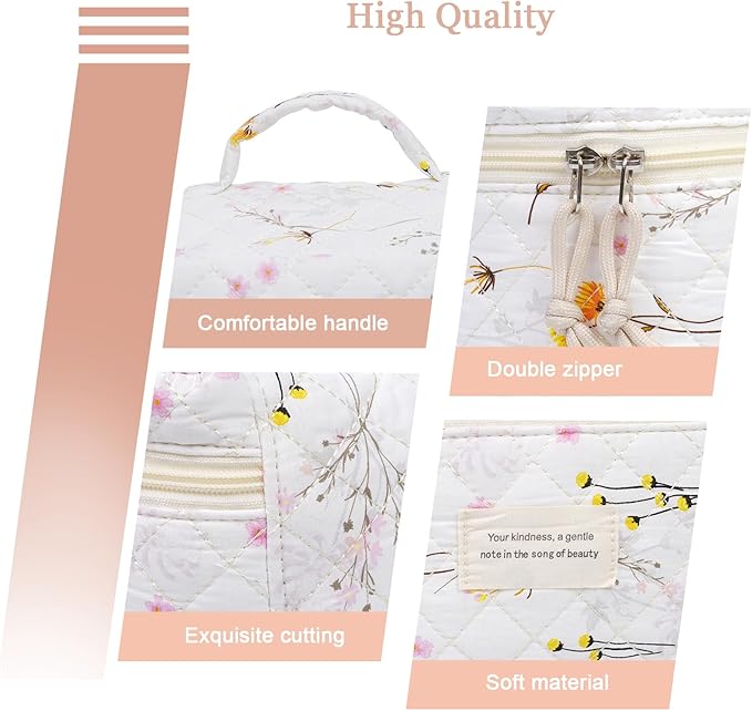 VIWIME Makeup Cosmetic Bag, Large Cotton Quilted Travel Coquette Aesthetic Cute Floral Make up Bag for Women Toiletry Bag Organizer (303-LongYellow)