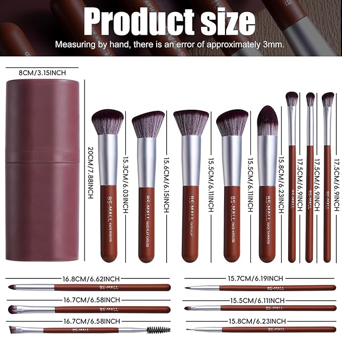 BS-MALL Makeup Brush Set 14 Pcs With Case - Foundation Brush, Concealer Brush, Blush Brush & Flawless Application – Complete Luxury Cosmetic Brush Kit For Travel & Daily Use (Brown)