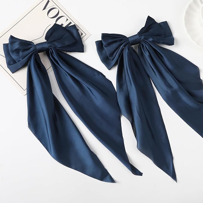 2PCS Big Hair Bow Clips for Women Girls – Navy Blue Satin Ribbon Bow Barrettes with Long Tails, Large Hair Accessories for Ponytail, Party, Wedding & Everyday Wear