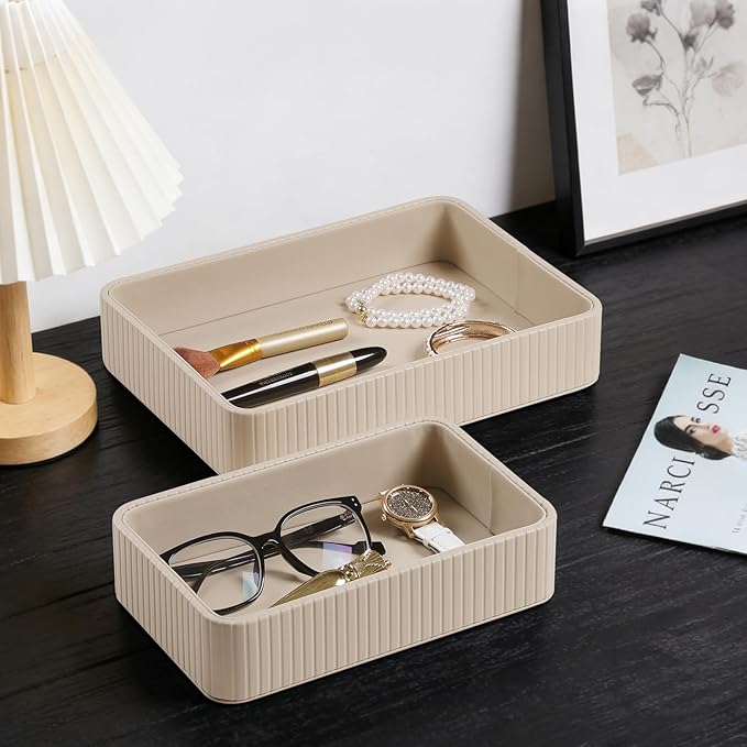 2 Pack Nightstand Organizer Tray, Decorative Perfume Valet Tray Trinket Dish Catch All Purse Key Bowl, PU Leather Coffee Table Trays for Vanity Dresser Bedside Bathroom Countertop (Beige)