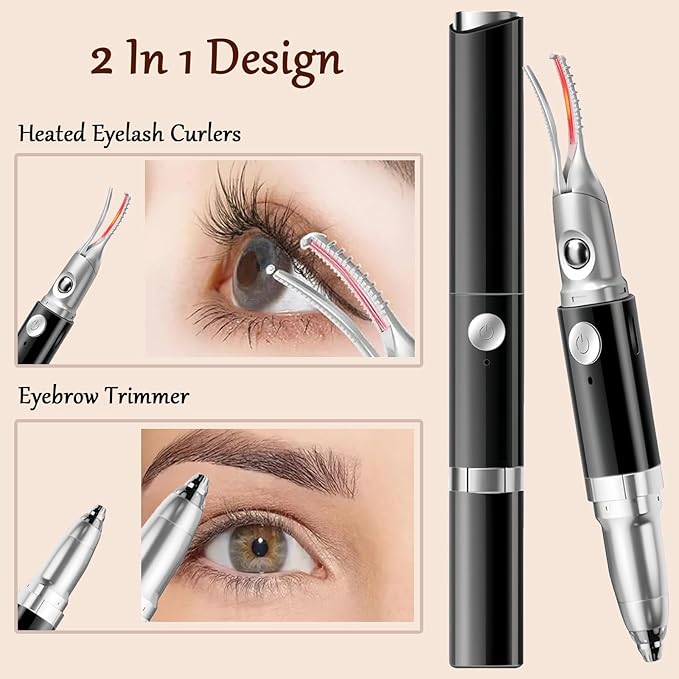 2 in 1 Heated Eyelash Curlers and Eyebrow Trimmer for Women, Electric Eyelash Curler with 2 Temperature Modes Anti-Burn USB Rechargeable Heated Eyelash Curler, Ideal Gift for Women HS89