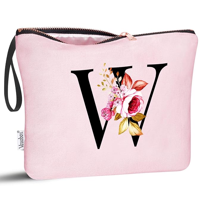 Vavabox A-Z Personalized Makeup Bag, Birthday Gifts for Women Mom, Gifts for Best Friend, Bride Bridesmaid Cosmetic bag (W, Pink)
