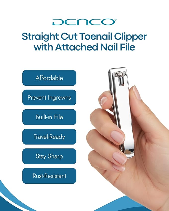 Denco Straight Cut Toenail Clipper – Precision Straight Edge Cutter for Thick & Regular Nails, Tool for Ingrown Toenails – Heavy Duty Stainless Steel Nail Clippers with Built-In File