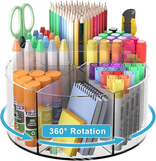 Rotating Markers Organizer for Kids, Acrylic Lazy Susan Organizers for Desks, 360 Degree Spinning Pencil Holders Pen Holders, Clear Arts and Crafts Organizer Storage, Art Supply Storage 6 Compartments