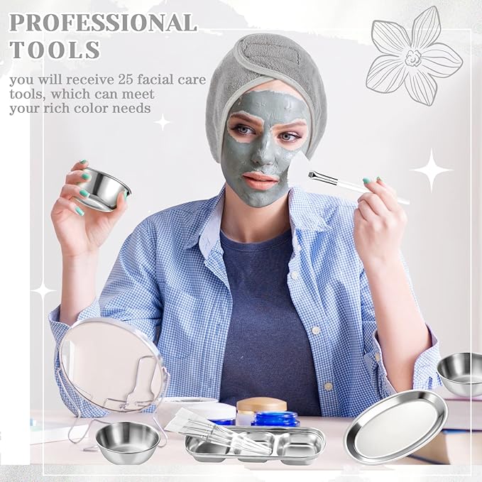 LemonRoad 25 Pcs Esthetician Facial Supplies Set, 3 Stainless Steel Mixing Bowls, 2 Serving Trays, 6 Brushes, 2 Hairbands, 12 Compressed Sponges for Women Facial Mask Spa Home Use (Silver)