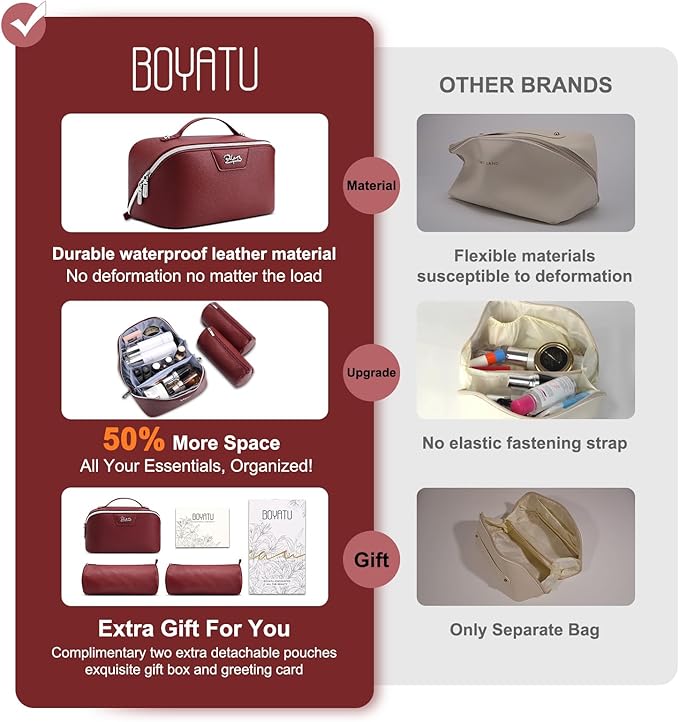 BOYATU Travel Makeup Bag Cosmetic Bags for Women: Large Capacity 3 Pcs Set Make up Bag with Compartments - Waterproof Vegan Leather Toiletry Organizer Bags with Handle (N-70Red)