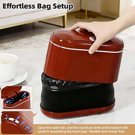 Mini Trash Can for Desk with 5 Rolls of Trash Bags, Small Press-Top Countertop Garbage Bin, Removable Waste Basket for Bedroom, Vanity, Coffee Table, Kitchen (Red Full-Lid)