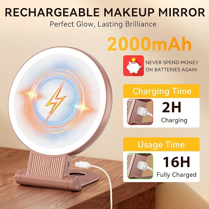 1X/30X Magnifying Mirror with Light, Double Sided Makeup Mirror with Adjustable 3 Color Light, 2000mAh Rechargeable Lighted Magnifying Mirrors with Tweezer, Foldable Travel Mirror with Rotation